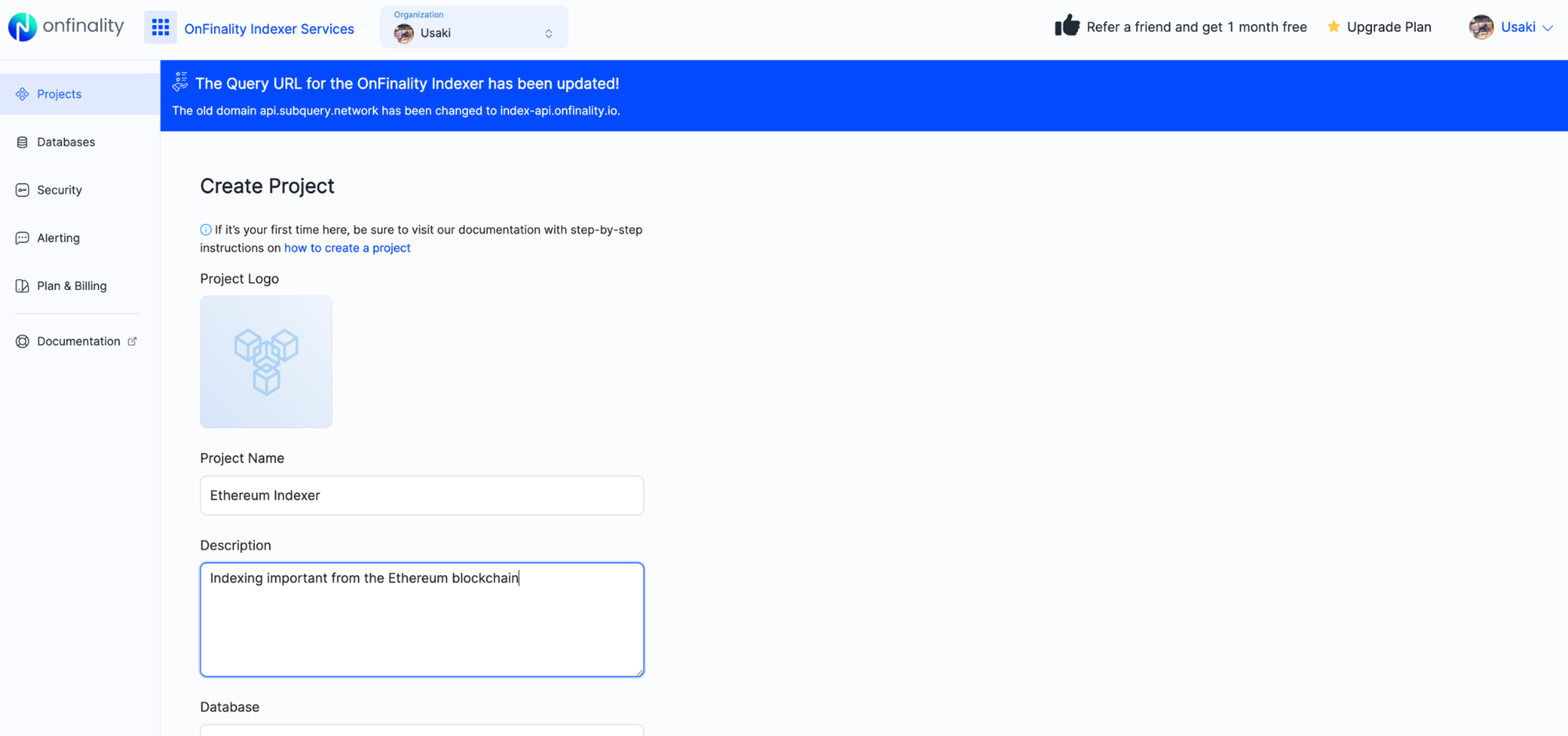 OnFinality Indexer Service - Ethereum project name
