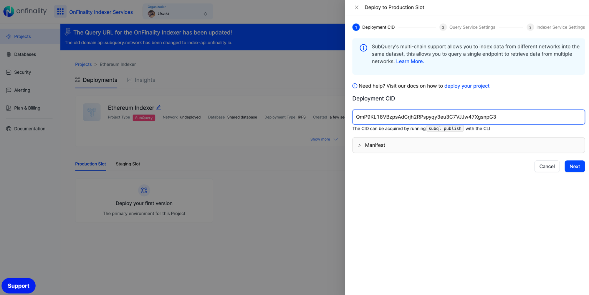 OnFinality Indexer Service - Set ethereum project CID