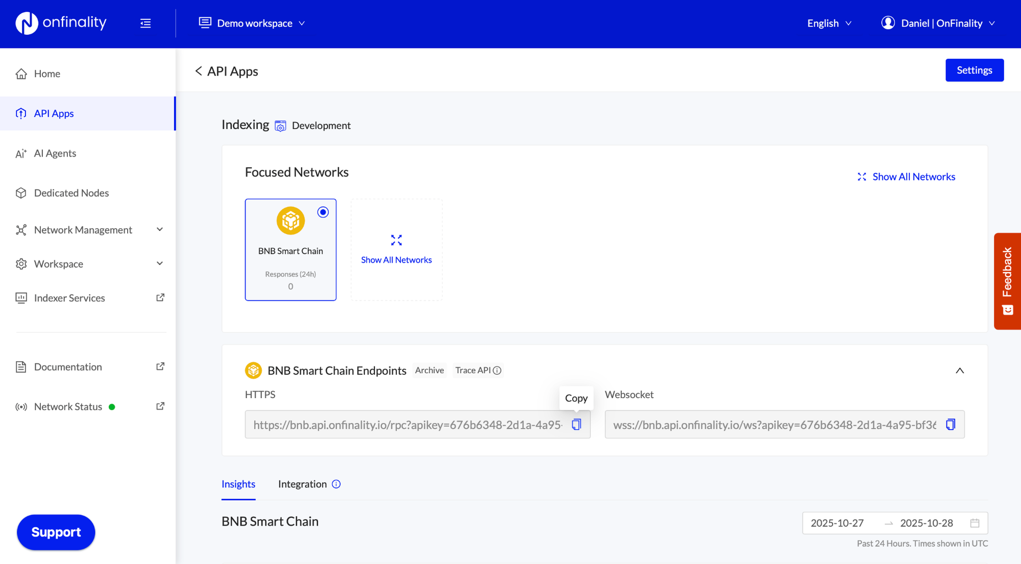 Copying the BNB Smart Chain HTTPS and Websocket endpoints