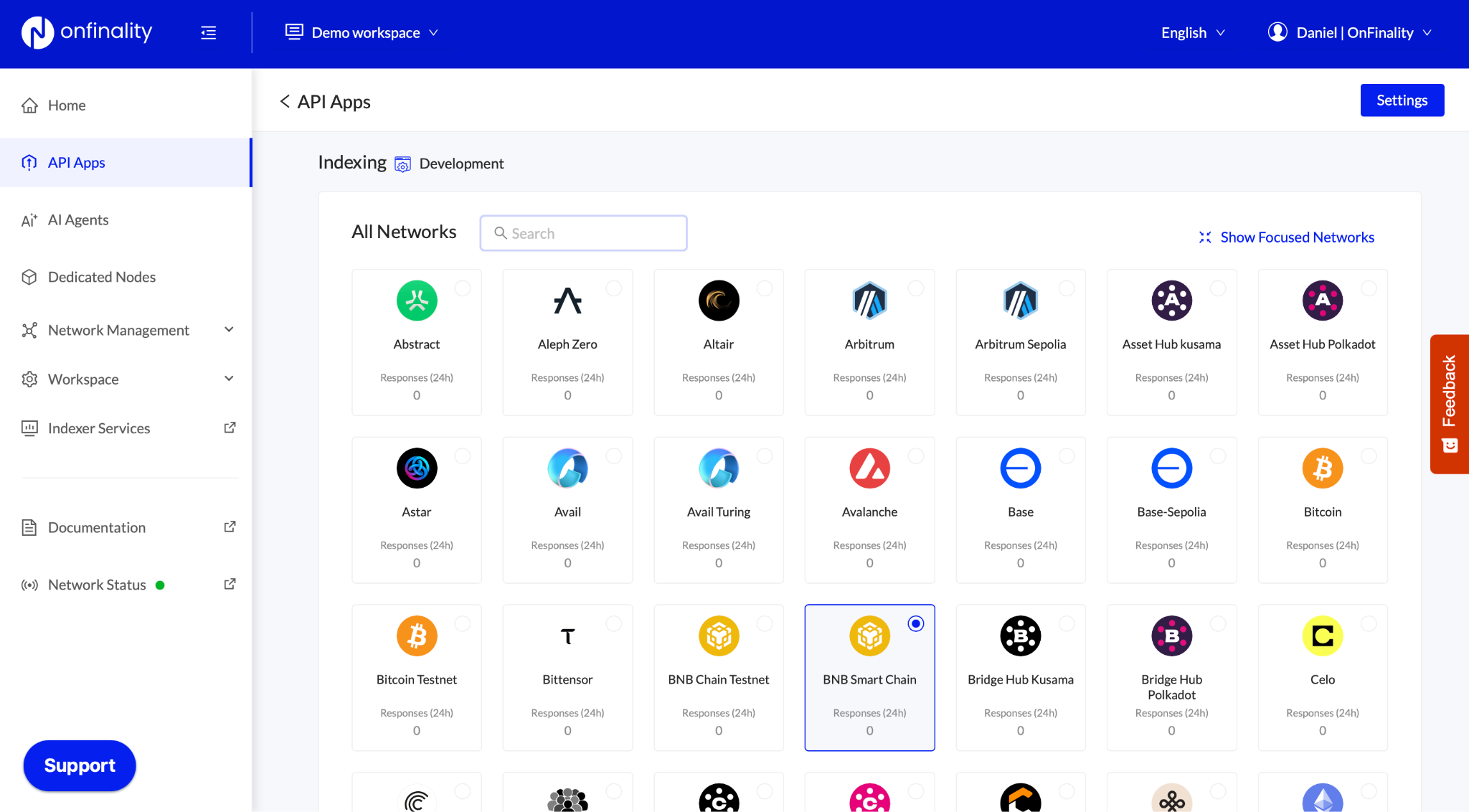 Selecting a network from the OnFinality API Apps Network Marketplace