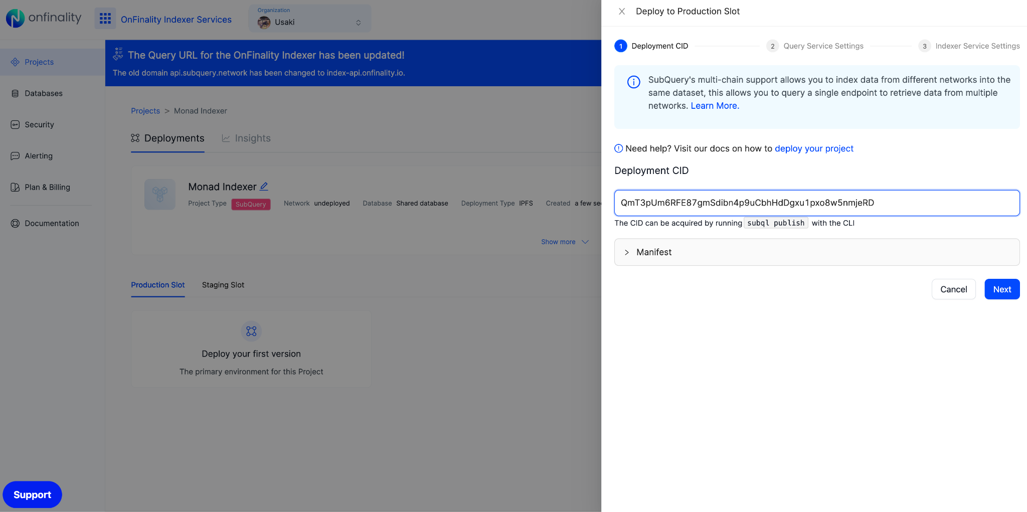 OnFinality Indexer Services - Set Monad Deployment CID