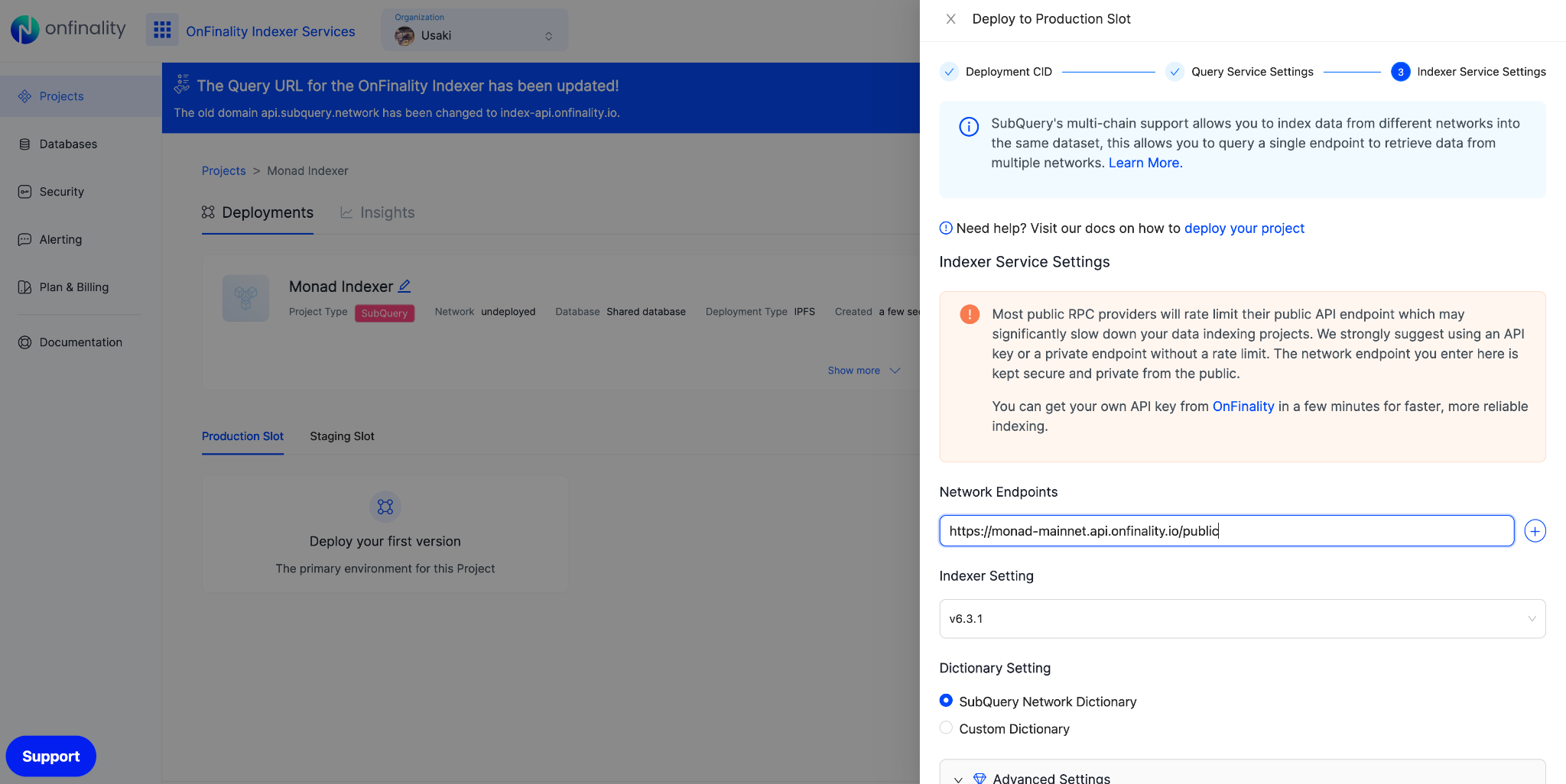 OnFinality Indexer Services - Set Monad RPC Endpoint