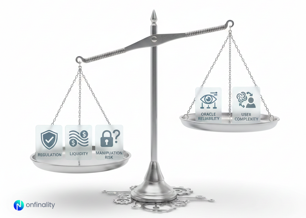 Balance of prediction market benefits and risks including regulation, liquidity, oracle reliability, and user complexity.