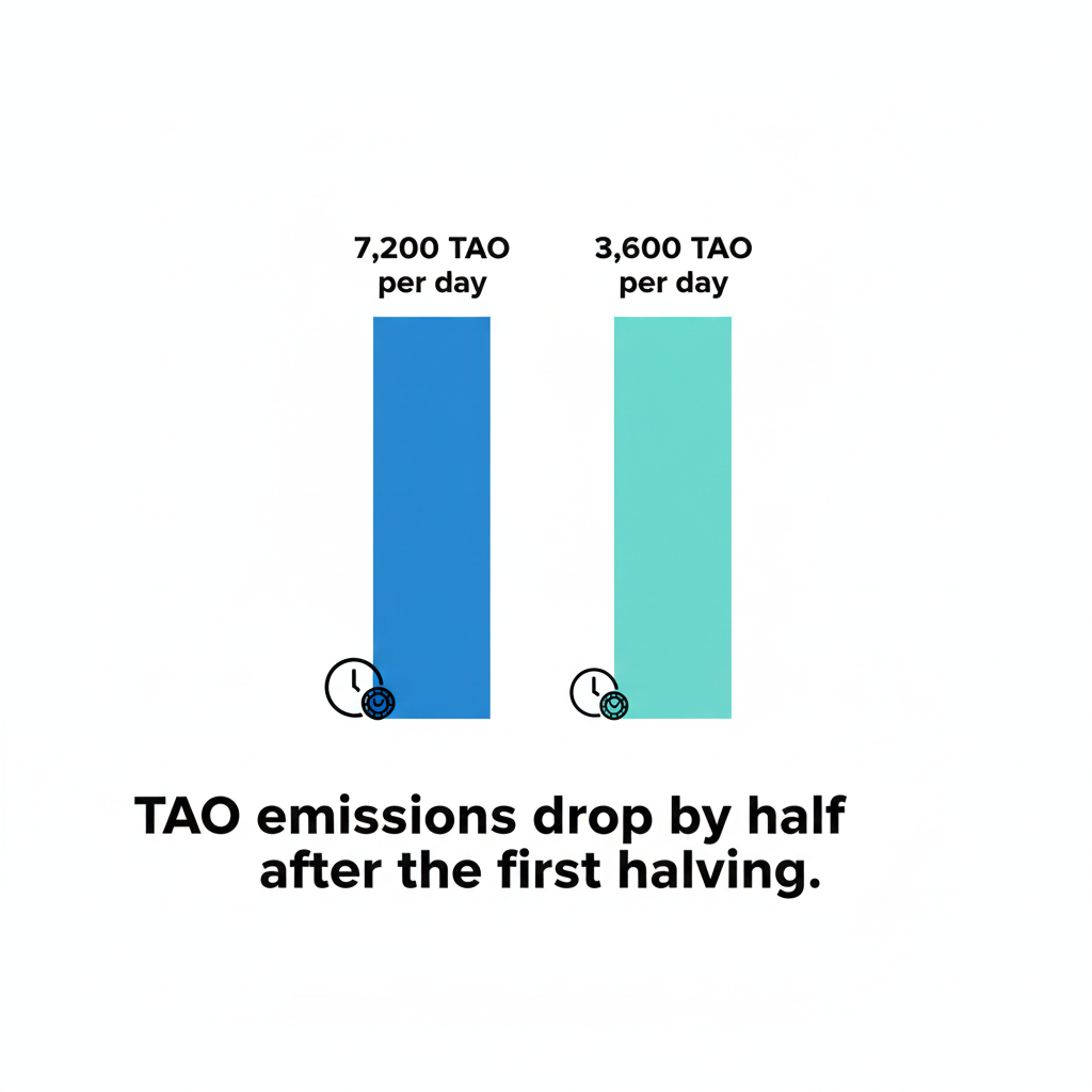 Bar chart comparing daily TAO emissions before and after halving at 7200 and 3600 TAO.