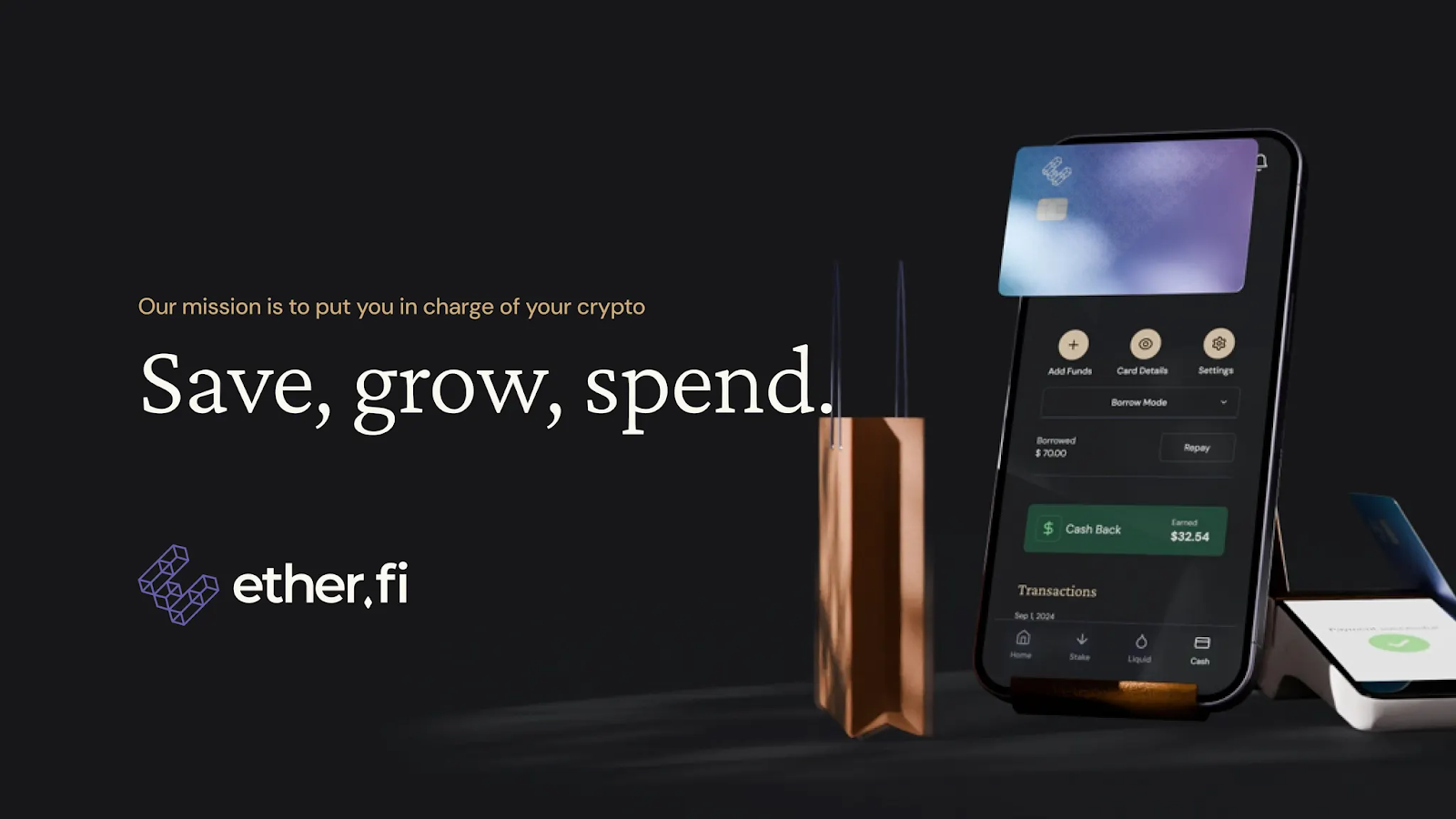 Ether.fi neobank interface showing crypto saving, yield growth, and spending via a mobile app and card.