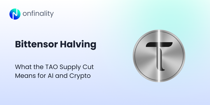 Bittensor halving banner with TAO coin graphic and text about the TAO supply cut impact.
